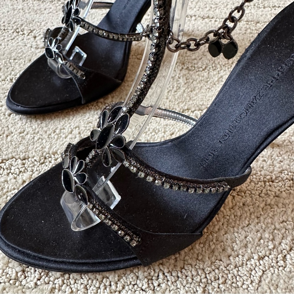 Giuseppe Zanotti Black Satin Rhinestone Enamel Anklet Heel Sandals IT 38.5 NIB - Picture 10 of 17